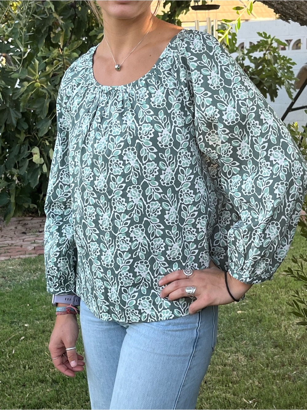 J Crew peasant Blouse. Sage green floral w/Scooped gathered neckline. Size M